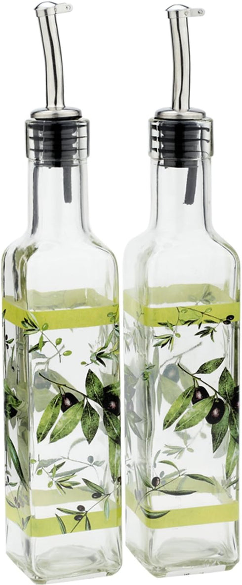 CEDAR HOME Olive Oil Bottle Set - Glass Dispenser Vinegar Cruet 17oz with Stainless Steel Pourer Spout, Green