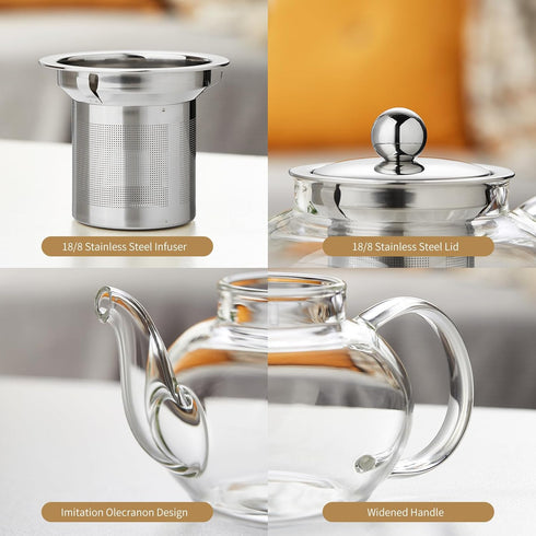 Glass Teapot Stovetop Safe - 20 oz/600 ml Borosilicate Glass Kettle with Loose Leaf Tea Strainer for Flower Blooming Tea