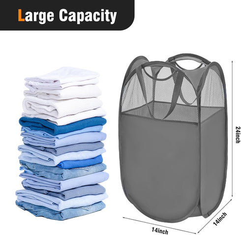 TECHMILLY Pop Up Foldable Laundry Basket, Mesh Laundry Hamper with Reinforced Handles for Dirty Clothes Storage in Dorm, Laundry Room, Bathroom, Grey(Fabric), 2 Pack by TECHMILLY
