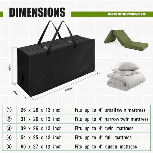 Folding Mattress Bag Waterproof - Black Heavy Duty Carry Case Fits up to 4 Queen Mattress for Tri-Fold Storage