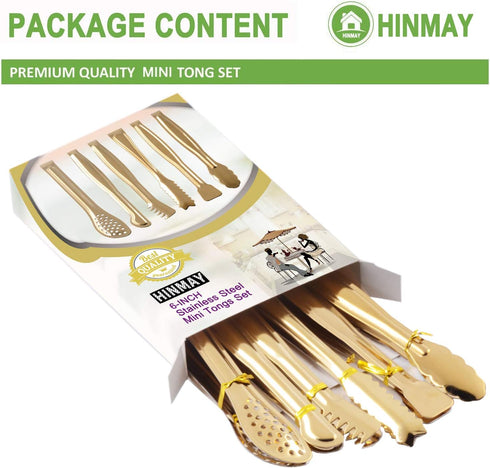 Gold Plated Mini Serving Tongs Set, 6-Inch Stainless Steel Appetizers Tongs, Set of 6
