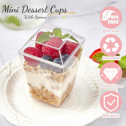 50 Pack 5 oz TOFLEN Plastic Dessert Cups with Lids for Party, Mini Square Dessert Cups with Spoons for Yogurt, Parfait