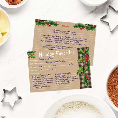 Kraft Look Holiday Favorites Recipe Cards / 50 Rustic Faux Kraft Christmas Cards / 4" x 6" Double Sided
