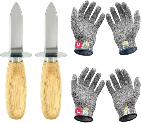 Oyster Shucking Knife Set of 2 Stainless Steel Knives and 2 Pairs Level 5 Cut-Resistant Gloves