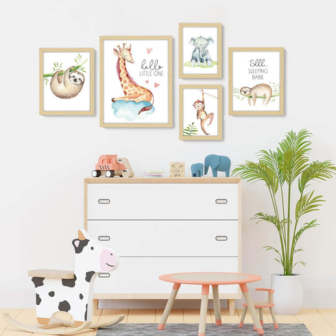 5 Pack Set, ArtbyHannah Woodland Nursery Wall Decor, Framed Baby Room Decor Safari Forest Animal Art Prints for Kids