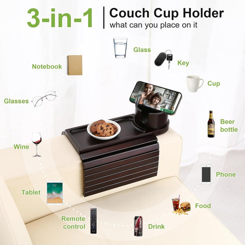 360 Couch Cup Holder,Bamboo Couch Arm Tray with Rotating Cup Holder,Foldable Anti-Slip Sofa Arm Chair Tray for Eating