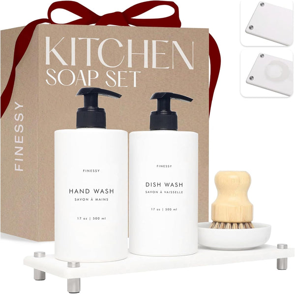 Luxe White Kitchen Soap Dispenser Set with Tray and Dish Brush, Refillable