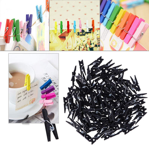 Wooden Clothes Pins - 100pcs 1.3 Inch Black Small Chip Clips with 33 Feet Jute Twine for Heavy Duty Use