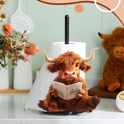 MorningRo Countertop 3D Highland Cow Paper Towel Holder Kitchen Decor and Accessories Black Metal Farmhouse Large
