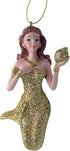 Mermaid Christmas Ornament, Glittery Holiday Decoration, Nautical Theme, 4.5 Inches (Gold Tone Mermaid)