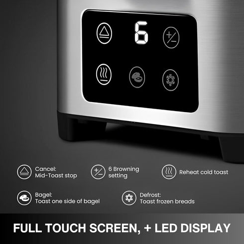 Bread Toaster 2 Slice - Touchscreen Stainless Steel Toaster with 6 Settings, LED Display, Digital Toaster for Bagels &