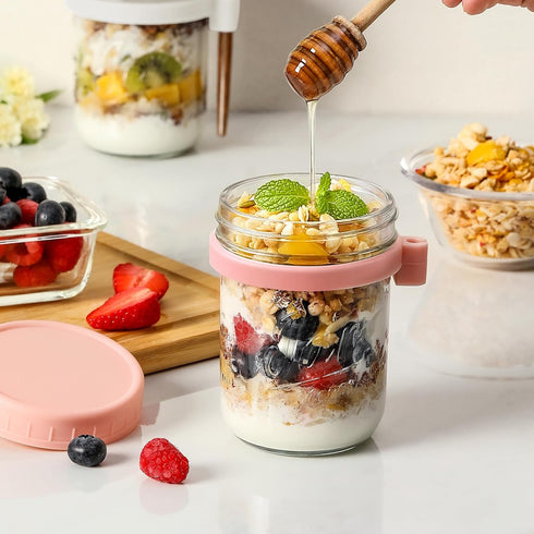 4 Pack 16 oz Overnight Oats Containers with Lids and Spoons, Glass Mason Jars with Airtight Lids, Overnight Oats Jars