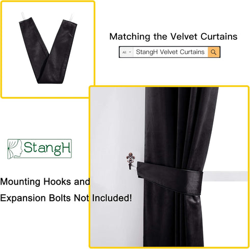 StangH Black Curtain Tie Backs for Drapes, Thick Plush Velvet Holdbacks for Living Room Bedroom Curtains