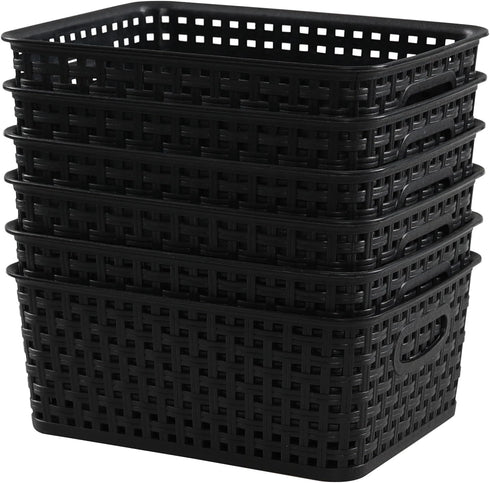 6 Pack Black Plastic Pantry Weave Storage Basket Bin