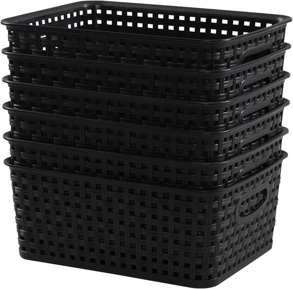 6 Pack Black Plastic Pantry Weave Storage Basket Bin