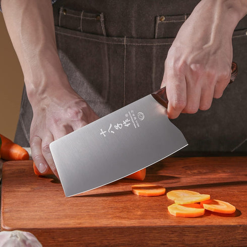 SHI BA ZI ZUO Chinese Meat Cleaver Knife - 6.7-Inch Stainless Steel Slicer with Wooden Handle