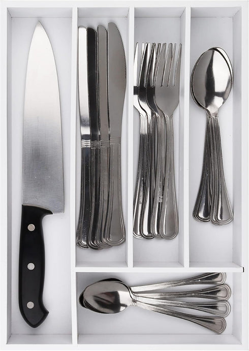 Silverware Drawer Organizer - Expandable Kitchen Utensil Tray for Flatware, 5-Slots, White