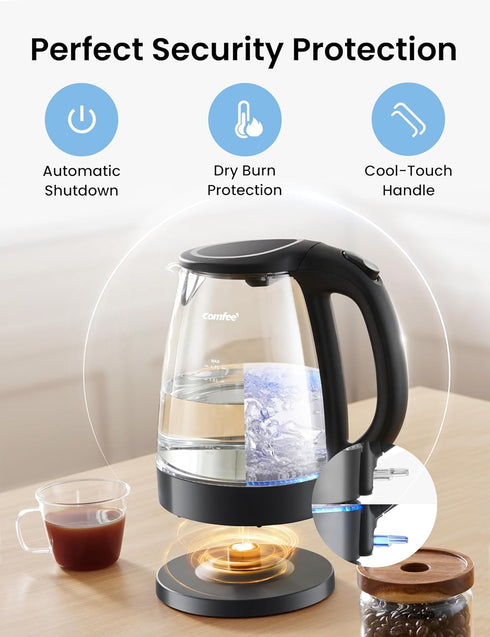 COMFEE' Electric Kettle, 1.7L Hot Water Boiler, 1500W Glass Electric Tea Kettle with Auto Shut-Off