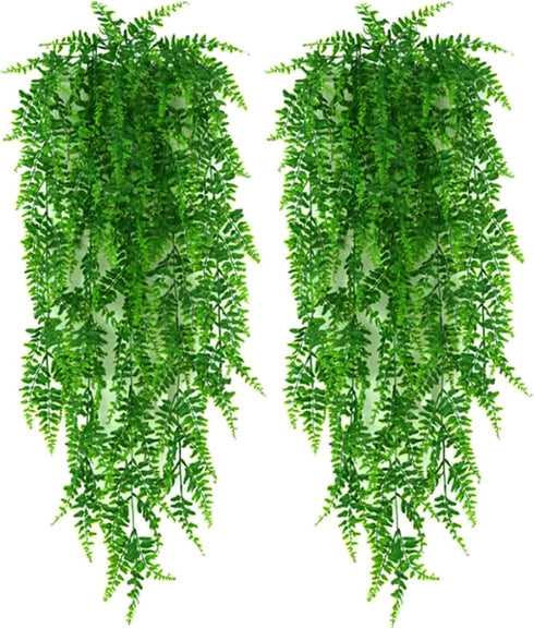 YYaaloa 2-Pack Artificial Hanging Plants, 31.5 Inch Boston Fern Fake Leaves, Greeny Chain Wall Decor for Home Garden