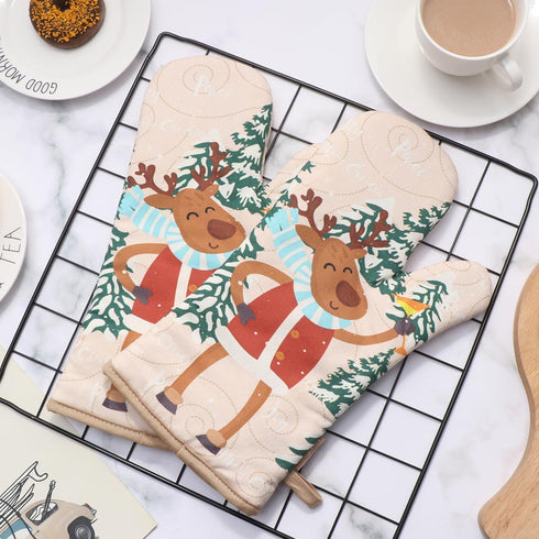 BESTONZON Cute Christmas Oven Mitt Set, Heat Resistant Oven Gloves and Pot Holders for Kitchen Decoration