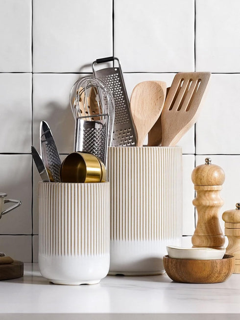 LE TAUCI Utensil Holder, 7.3"+5.4" Ceramic Kitchen Utensil Holder for Countertop, Set of 2, Arctic White, Boho