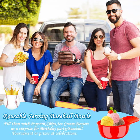 24 Pack Plastic Baseball Helmet Bowls, Mini Ice Cream Dessert Cups, Party Snack Bowls for Birthday Supplies (Red Blue