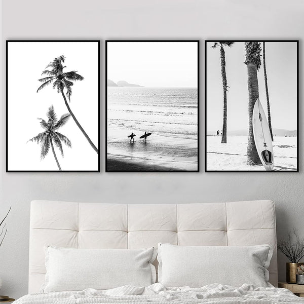 VLOLIFE Black and White Coastal Surfing Landscape Posters and Prints, Unframed Canvas Painting Home Decor 16X24inchX3