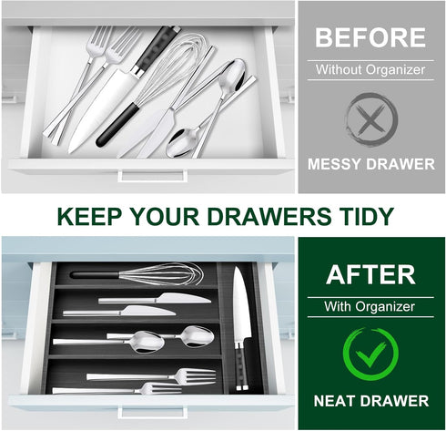 Ayiaren Small Wooden Silverware Organizer, Narrow Kitchen Utensil Drawer Insert for Spoon and Forks (Black Wood)