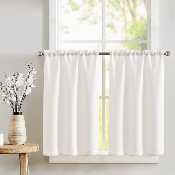 jinchan Kitchen Curtains, 24 Inch Linen Textured Cafe Tier Curtains for Small Windows, 2 Panels, White