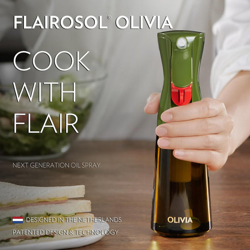 FLAIROSOL OLIVIA 200ml Glass Oil Sprayer for Cooking, Continuous Spray Bottle with Portion Control for Kitchen