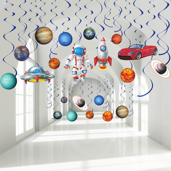 Blulu 30 Pcs Outer Space Party Decoration, Blue Solar System Planet UFO Rocket Astronaut Hanging Swirls