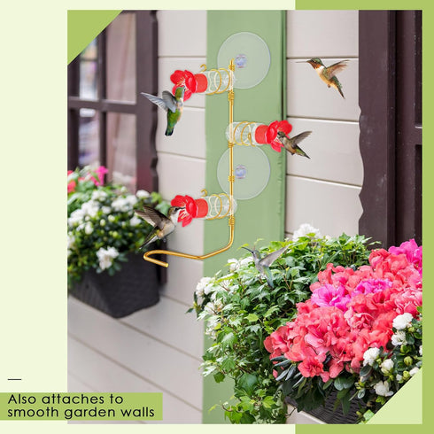 Window Hummingbird Feeder 3 Station, Handcrafted Copper Modern Feeder with Flower Ornament for Bird Lover Gift