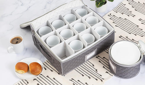 Gray China Storage Case for Salad Plates, 10" W x 6" H, Includes 12 Felt Separators, Stackable with Padded Interior