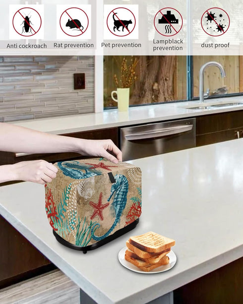 Nautical Theme Toaster Dust Cover with Pockets, Blue Seahorse and Seaweed Soft Washable Cover for 4 Slice Toaster