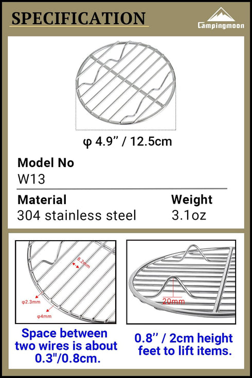 CAMPINGMOON f4.9-inch Round Stainless Steel Cooking Grid Grill Fits for Backpacking Pocket Stove W13