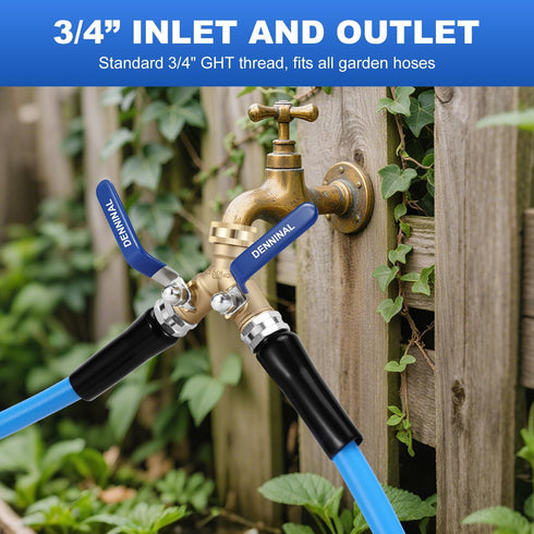 Denninal 2 304 3/4 Inch Brass Garden Hose Splitter Way Heavy Duty with Stainless Steel Long Handle, Outdoor Full Flow