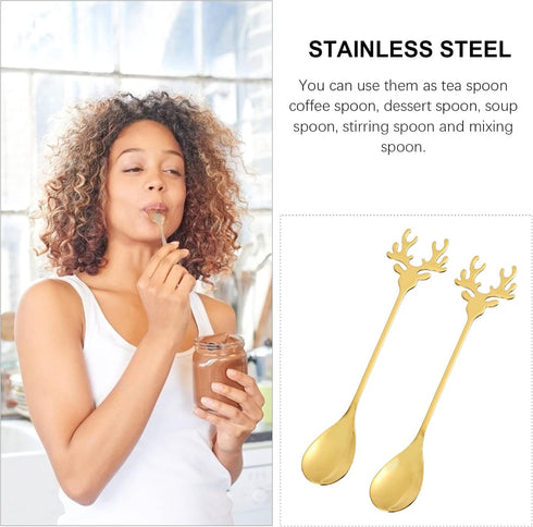 Hemoton 2pcs Coffee Spoons Set, Stainless Steel Gold Tea Spoons with Reindeer Handle, 5.5 Inch