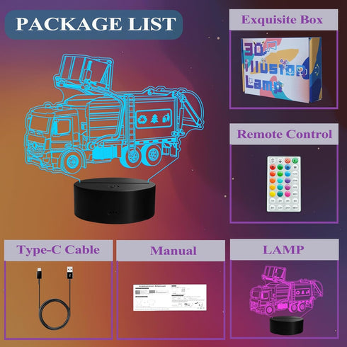 3D 16 4 Dimmable, Garbage Truck Night Light, Garbage Truck Gifts, Illusion Lamp with Remote Control, RGB Colors