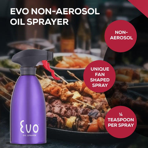 Evo 18/8 Stainless Steel Non-Aerosol Oil Sprayer for Olive Oil, Cooking Oils, and Vinegars, Purple, 16-Ounce