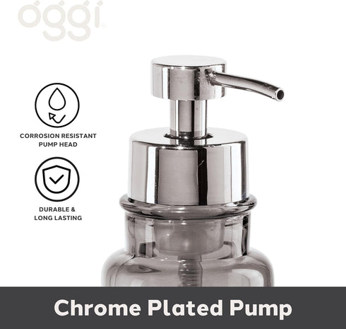 OGGI Glass Foaming Soap Dispenser, 10oz Capacity, Stylish Refillable for Bathroom and Kitchen in Gray/Chrome
