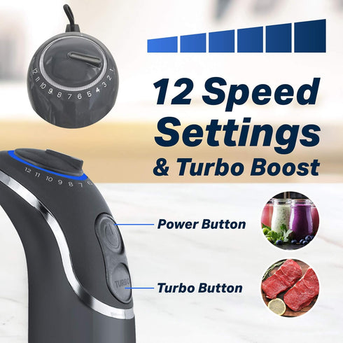 Mueller Multistick 800W Handheld Immersion Blender, 12 Speed Mixer with Turbo Boost, Copper Motor, Titanium Blades