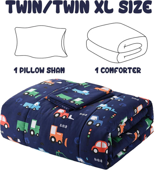 Set Set Set 2 Yibeizi Car Kids Comforter for Boys Twin, Cute Reversible Quilted Navy Blue Printed Construction Toddler