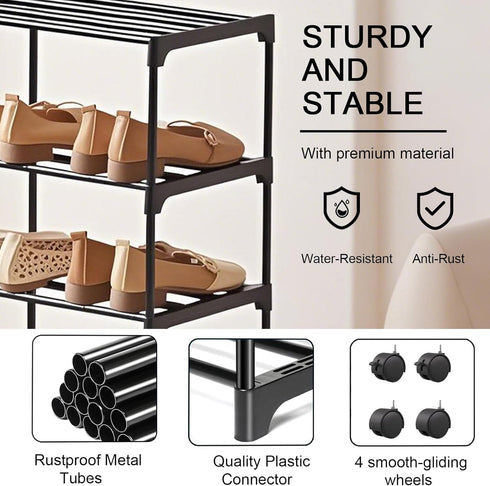 LUCKY OCEAN 5-Tier 16.9W Small Shoe Rack with Wheels, Slide-Out Metal Shoe Racks Storage, Anti-Rust Coating, Stackable