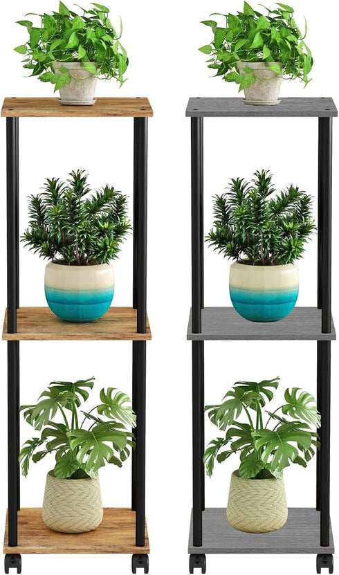 3 HAYOFAMY Tier Tall Plant Stand Indoor with Wheels, Movable Plant Shelf Metal Wood Multiple, Flower Pot Holder