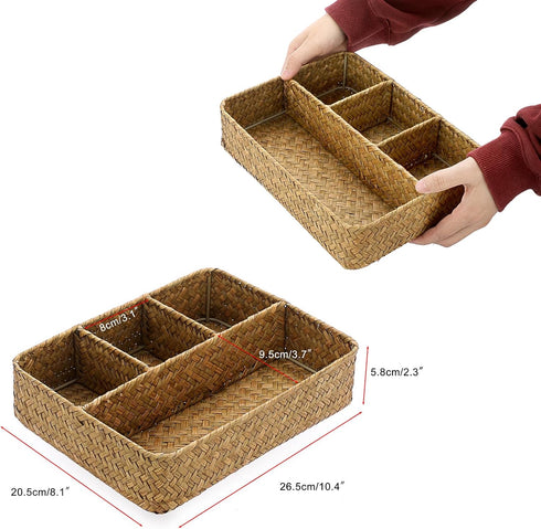 BTSKY Desk Drawer Organizer Tray, Handwoven Seagrass Storage Basket with 4 Divided Sections for Coffee