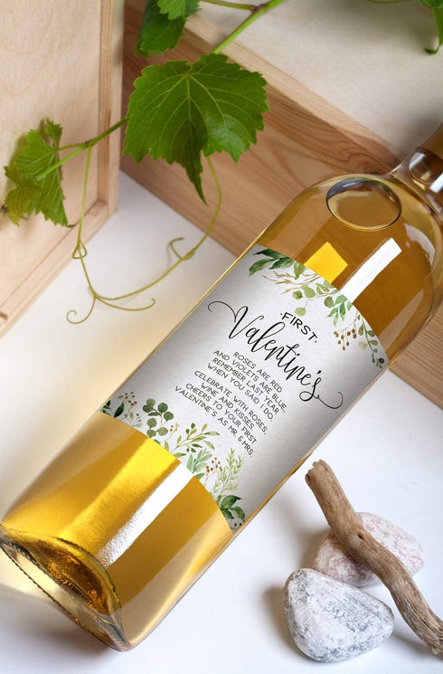 Printed Party Marriage Milestones, Greenery Wedding Firsts, 6 Wine Bottle Labels