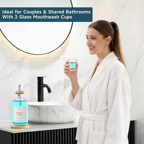 BTIFU Countertop 14oz/410ml Glass Mouthwash Dispenser for Bathroom Refillable Mouthwash Bottle with Stainless Steel