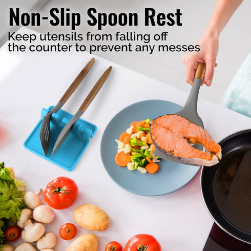 Zulay Kitchen Silicone Utensil Rest with Drip Pad, BPA-Free, Heat-Resistant Spoon Holder, Blue