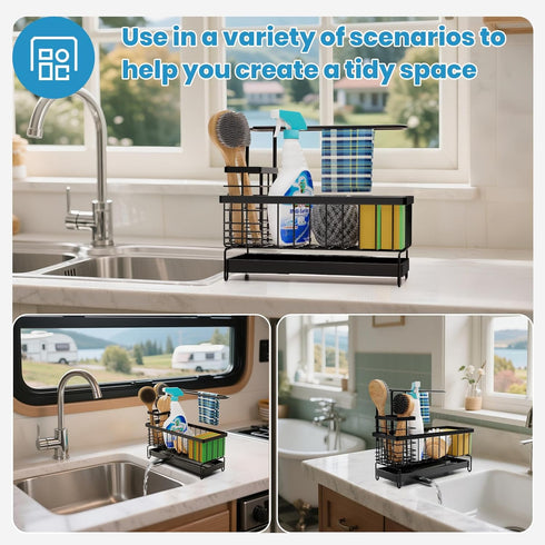 Tell Love 360 Kitchen Sink Caddy, Sponge Holder with Towel Holder, Kitchen Holder for Sink with Degree Rotating Drain