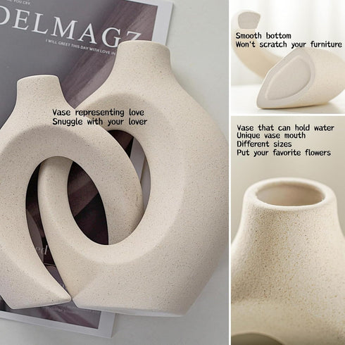 Set 2 6.3" 8.4") Snuggle Hollow Ceramic Vase of for Coffee Table Decor, Donut Decorative Vases for Boho Modern Table